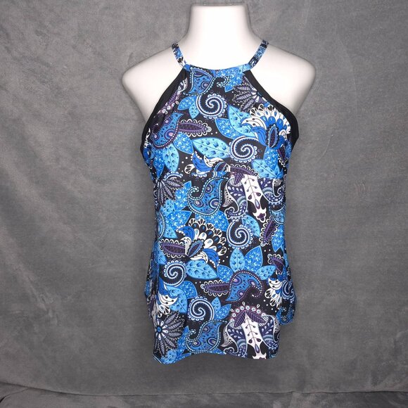 Paisley Print Tankini Top Cross-Back Straps Built-In Bra 2XL UPF50+ Blue - Picture 1 of 4